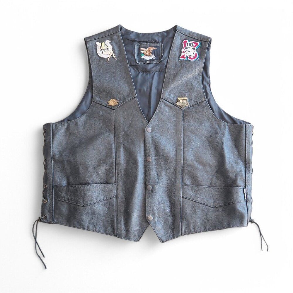 Jamin Leather Patch Pin Skull Cross Motorcycle Riding‎ Vest Black Men's XXXL